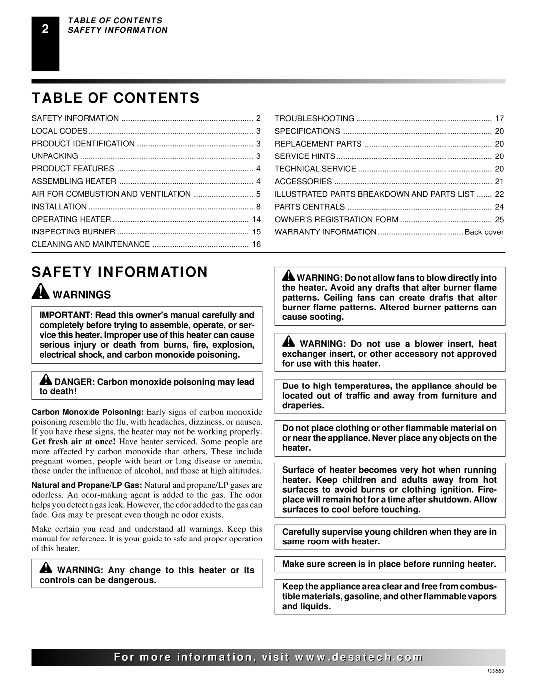 Desa VMH3000TPA installation manual Table of Contents, Safety Information 