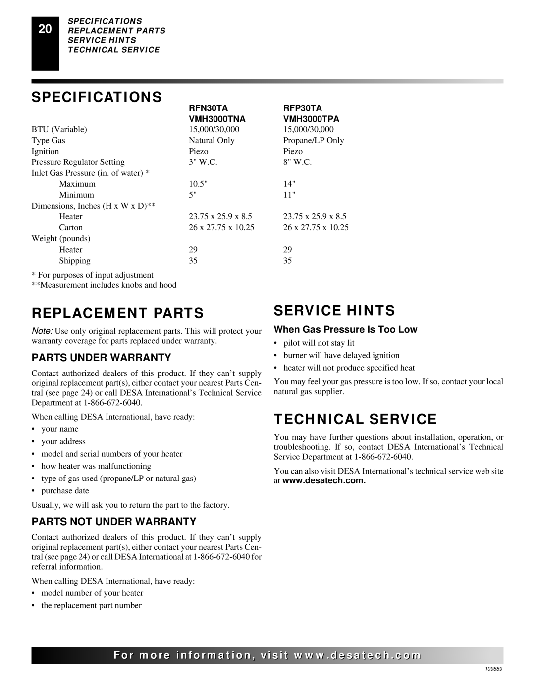 Desa VMH3000TPA installation manual Specifications, Replacement Parts, Service Hints, Technical Service 