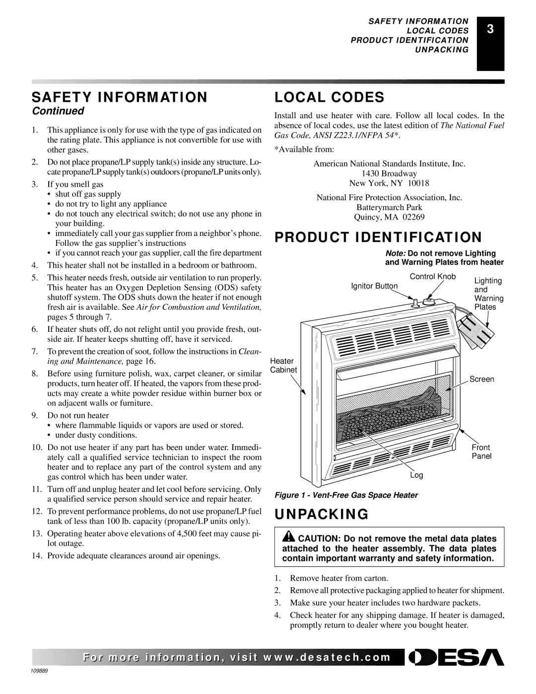 Desa VMH3000TPA installation manual Local Codes, Product Identification, Unpacking 