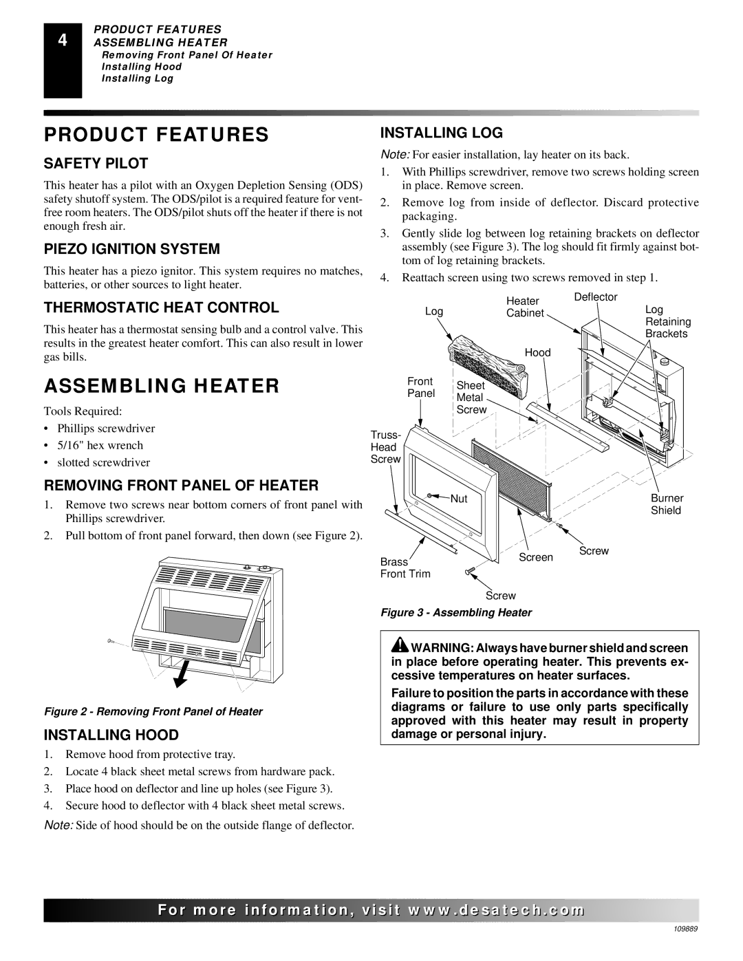 Desa VMH3000TPA installation manual Product Features, Assembling Heater 