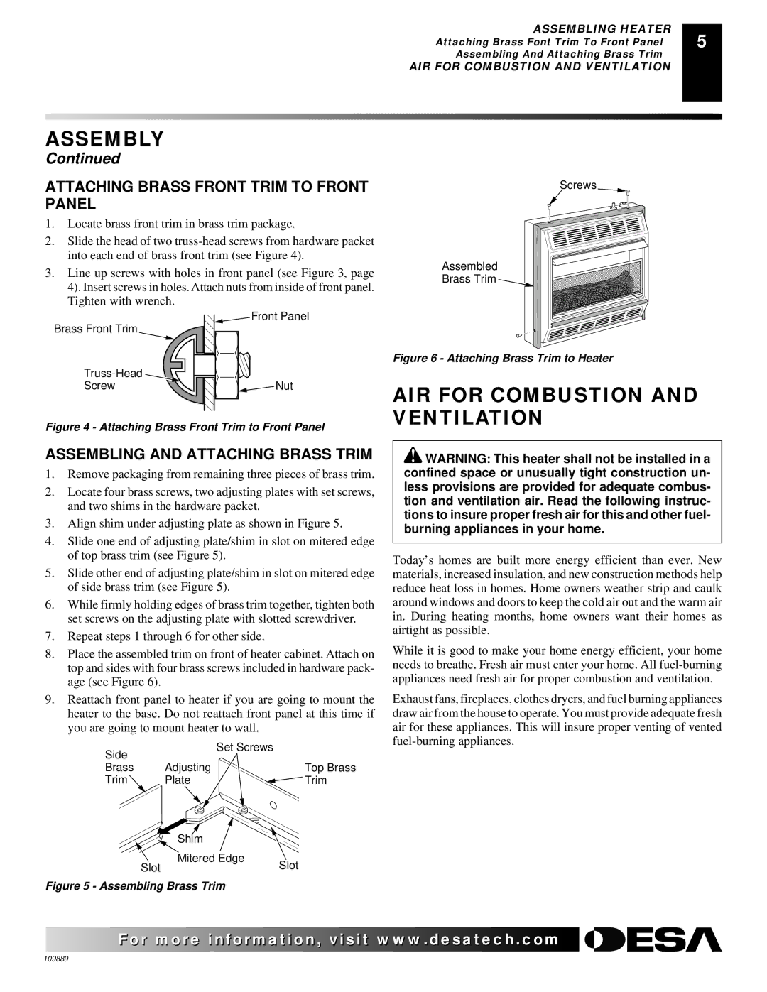 Desa VMH3000TPA installation manual Assembly, AIR for Combustion and Ventilation, Attaching Brass Front Trim to Front Panel 