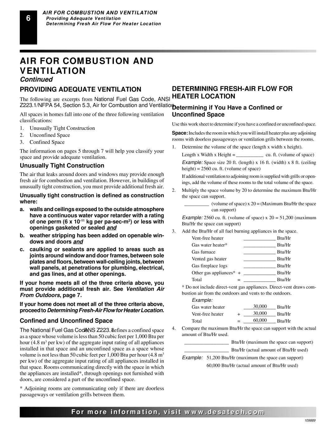 Desa VMH3000TPA installation manual Providing Adequate Ventilation, Determining FRESH-AIR Flow for Heater Location 