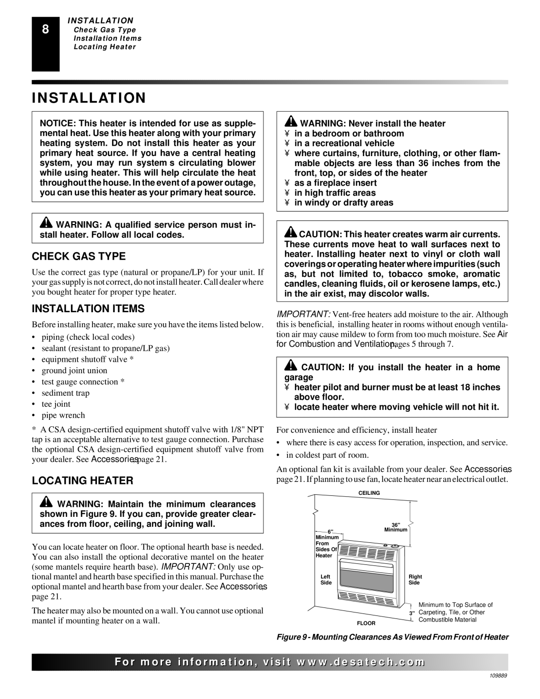 Desa VMH3000TPA installation manual Check GAS Type, Installation Items, Locating Heater 