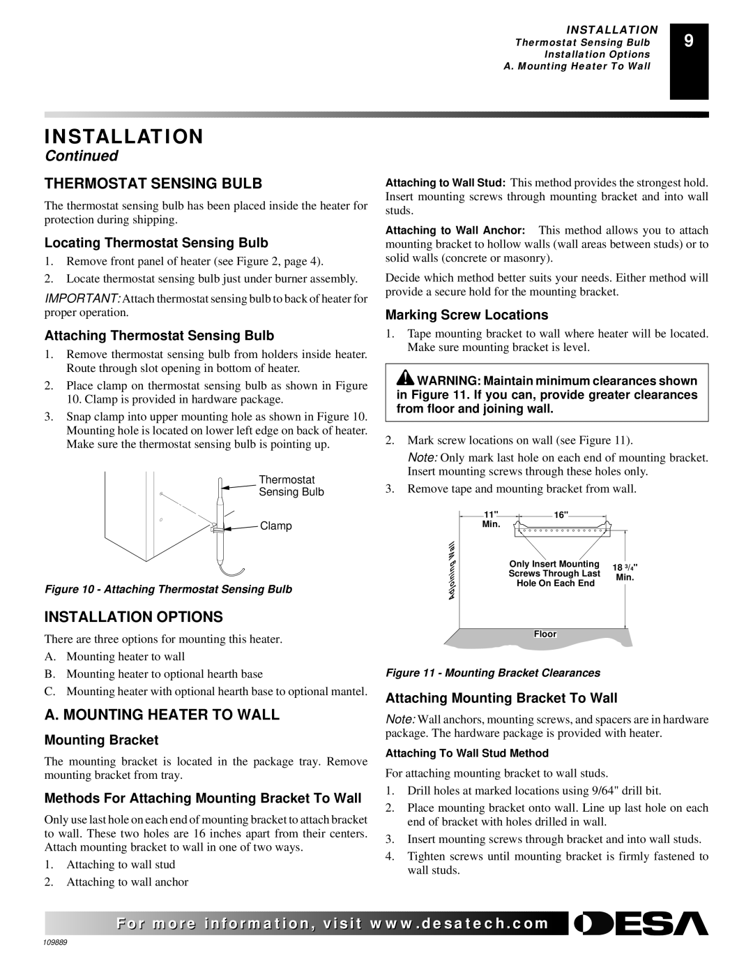 Desa VMH3000TPA installation manual Thermostat Sensing Bulb, Installation Options, Mounting Heater to Wall 