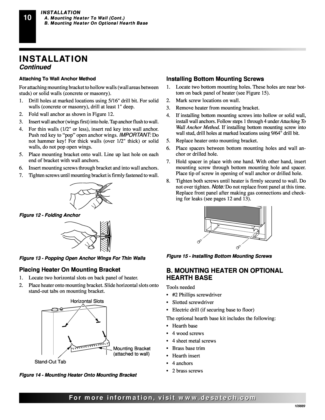 Desa VMH3000TPA B. Mounting Heater On Optional Hearth Base, Placing Heater On Mounting Bracket, Installation, Continued 