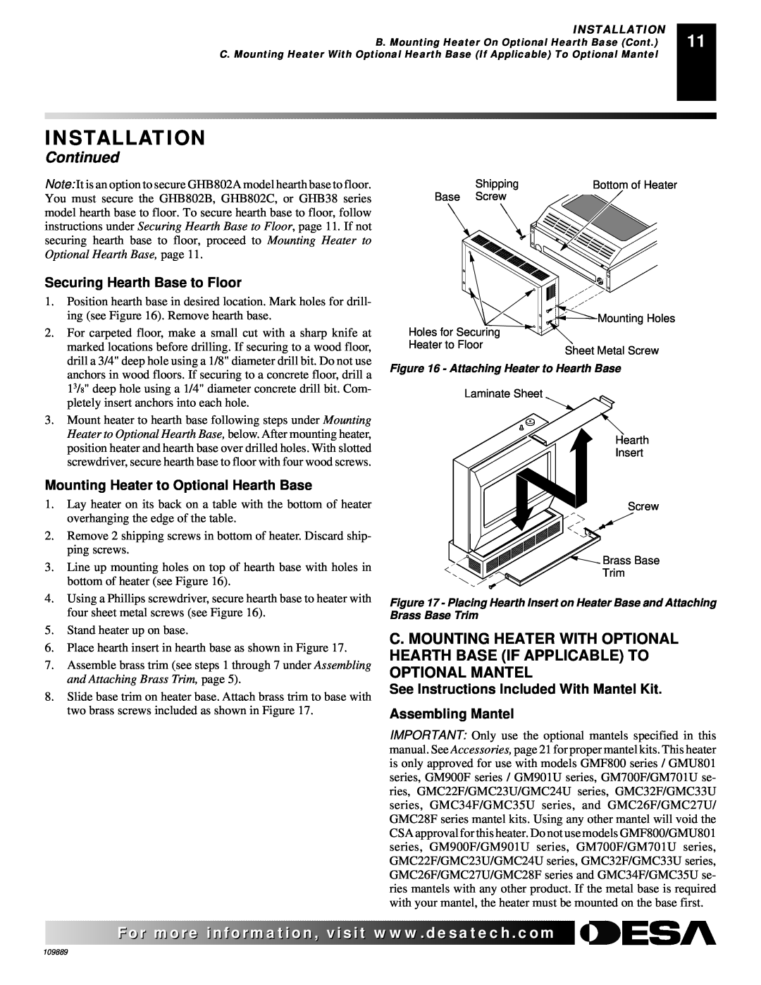 Desa VMH3000TPA Securing Hearth Base to Floor, Mounting Heater to Optional Hearth Base, Assembling Mantel, Installation 