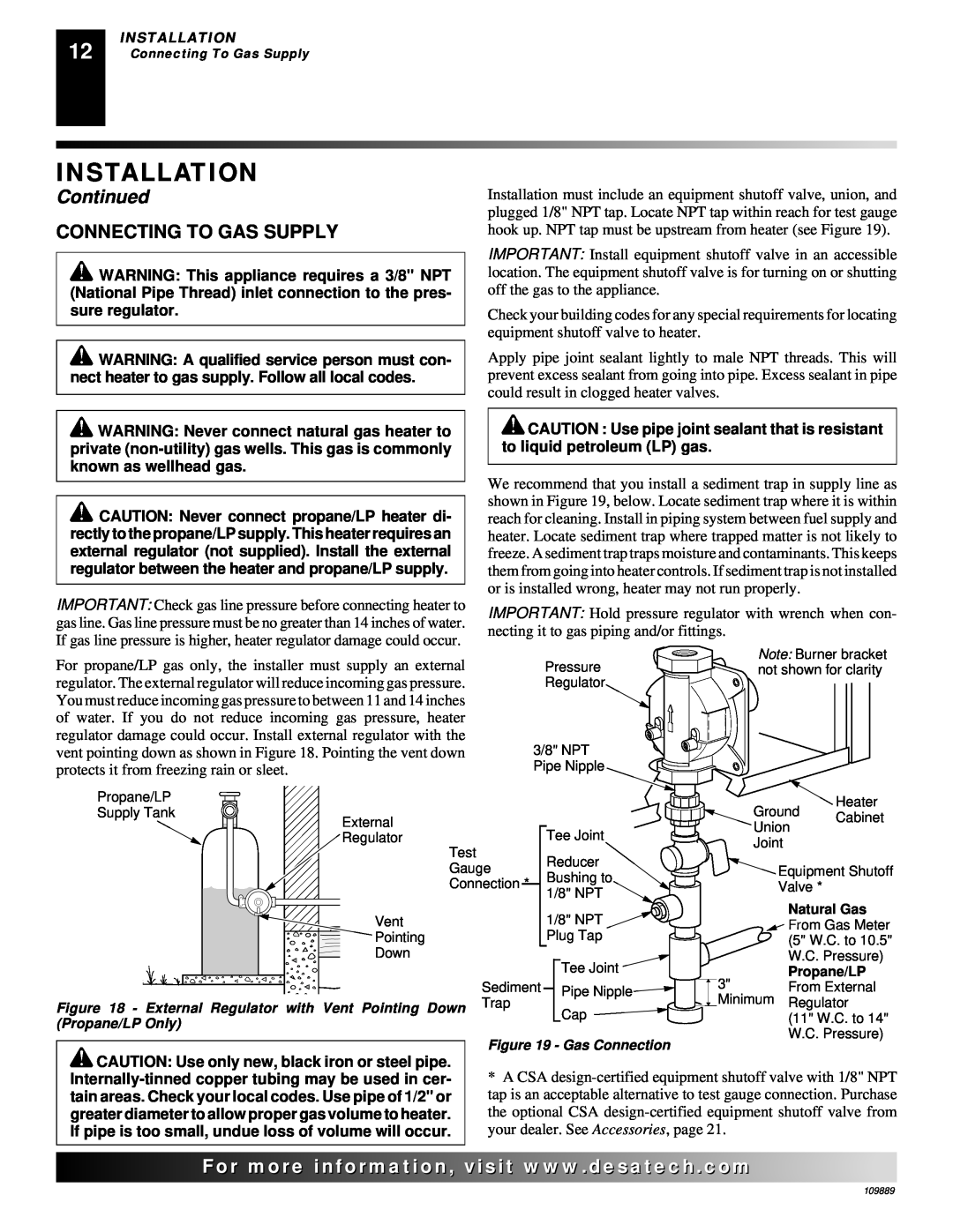 Desa VMH3000TPA installation manual Connecting To Gas Supply, Installation, Continued 