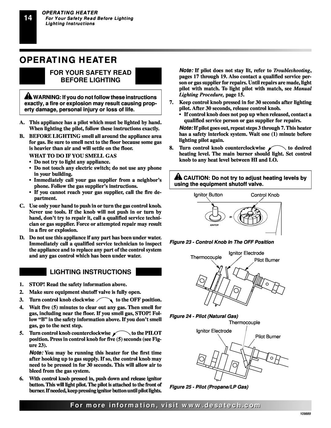 Desa VMH3000TPA installation manual Operating Heater, For Your Safety Read Before Lighting, Lighting Instructions 