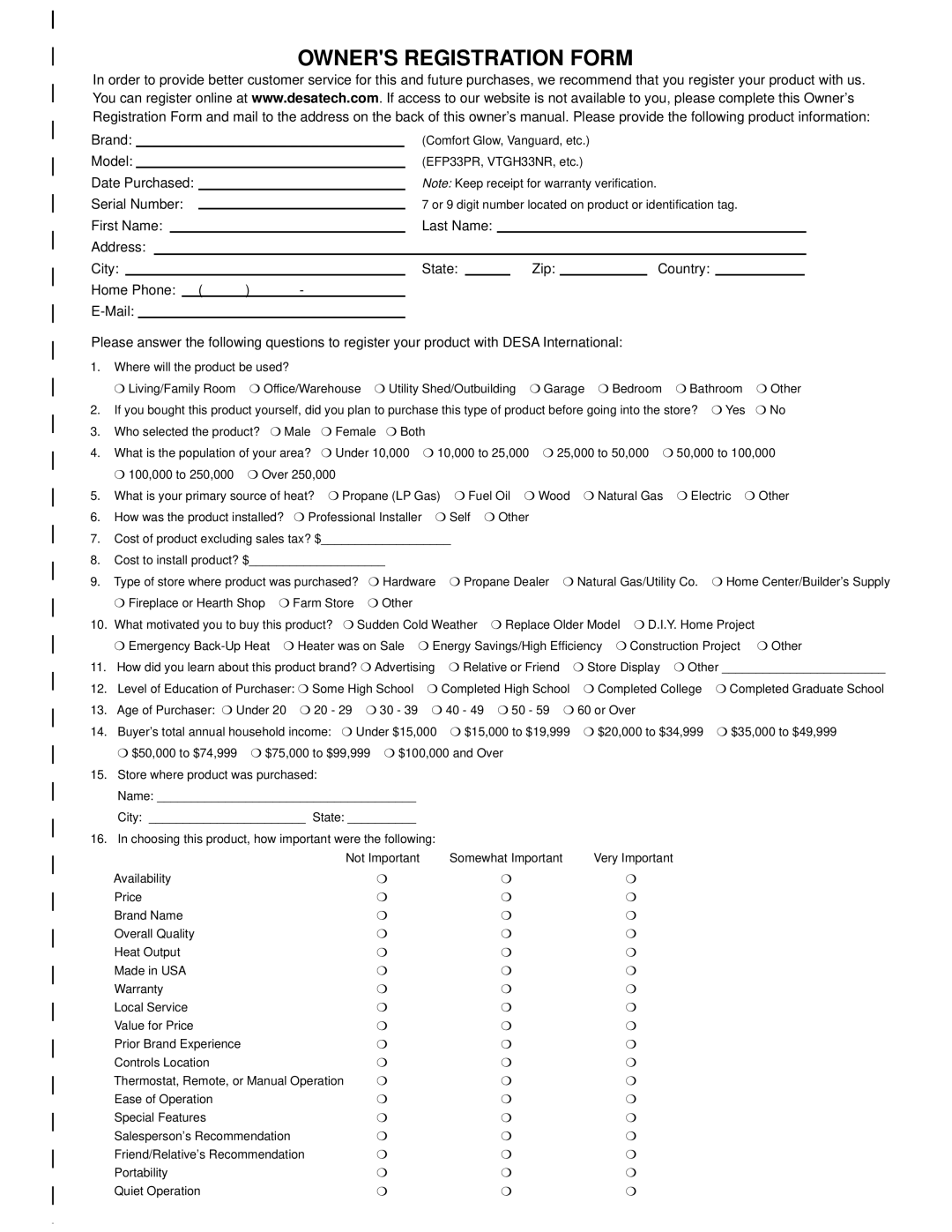 Desa VMH3000TPA installation manual Owners Registration Form 