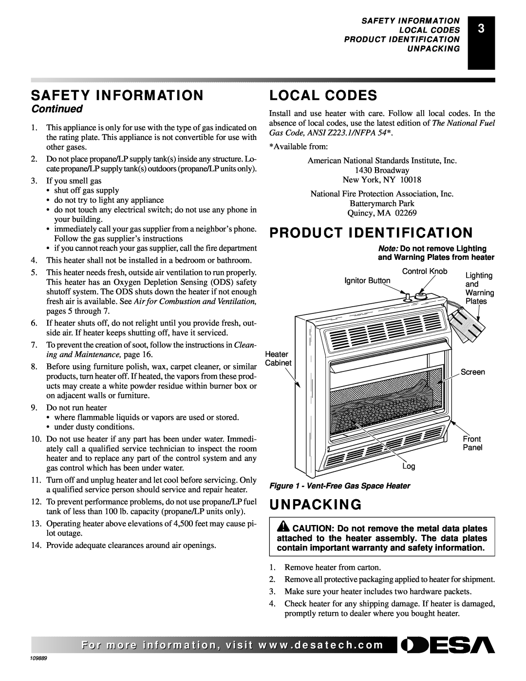 Desa VMH3000TPA installation manual Local Codes, Product Identification, Unpacking, Continued, Safety Information 