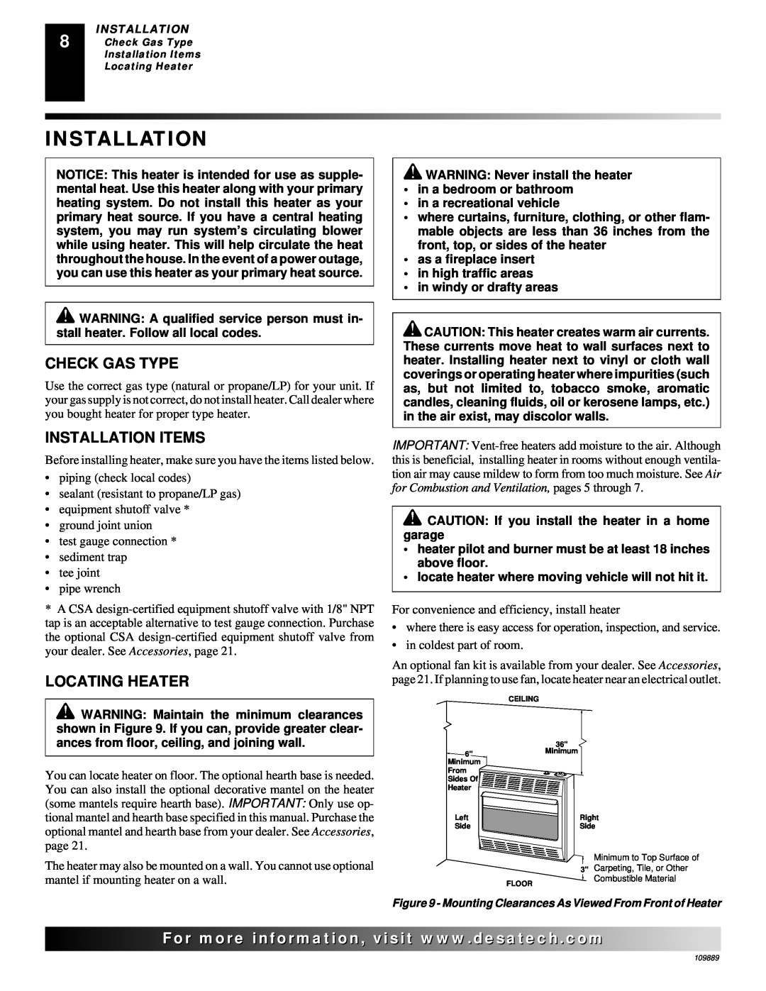 Desa VMH3000TPA installation manual Check Gas Type, Installation Items, Locating Heater 