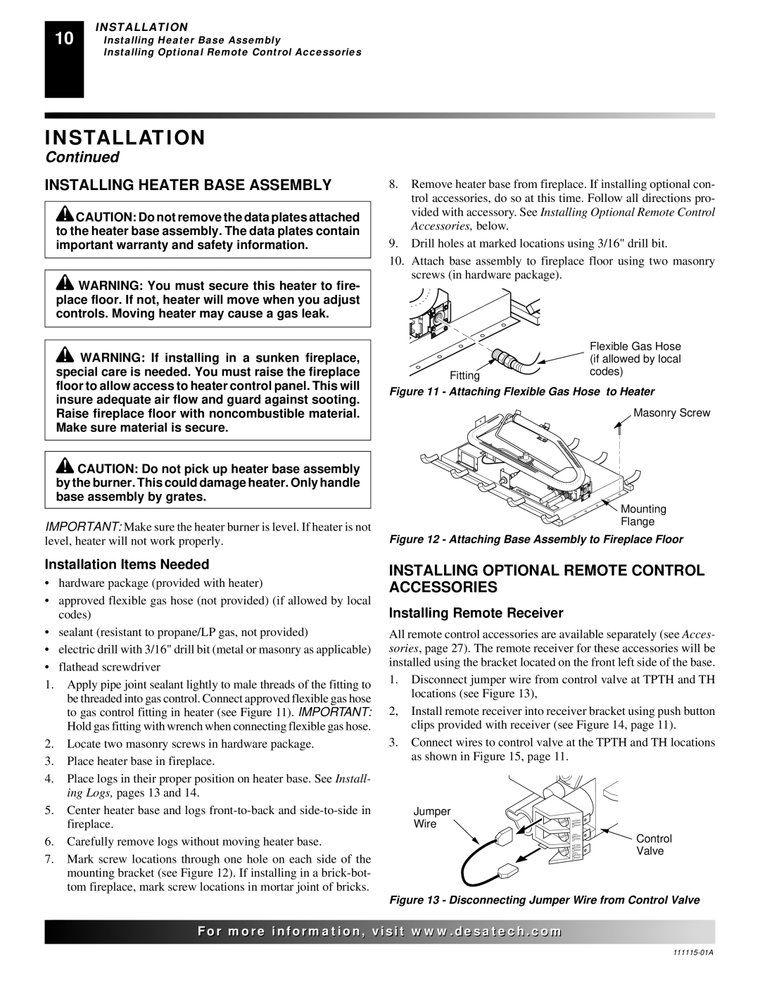 Desa VML27NR Installing Heater Base Assembly, Installing Optional Remote Control Accessories, Installation Items Needed 