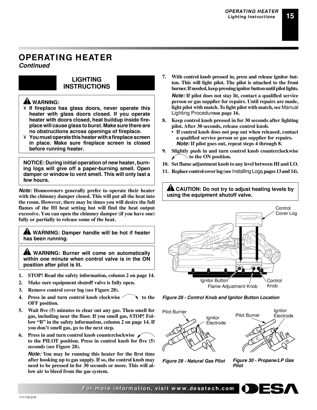 Desa VML27NR installation manual Lighting Instructions, Control Knob and Ignitor Button Location 