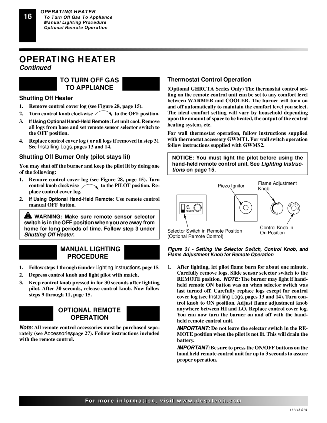 Desa VML27NR installation manual To Turn OFF GAS To Appliance, Manual Lighting Procedure, Optional Remote Operation 