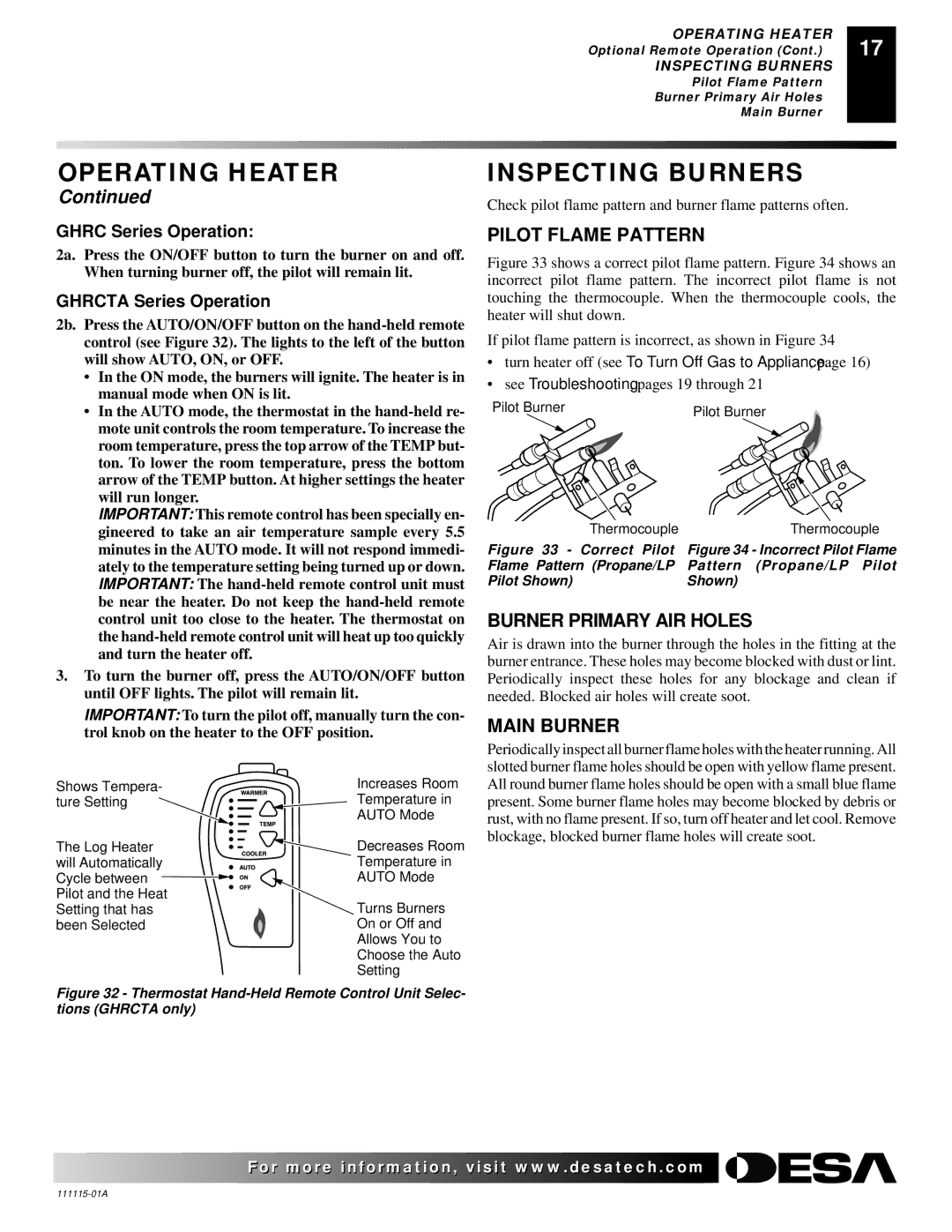 Desa VML27NR installation manual Inspecting Burners, Pilot Flame Pattern, Burner Primary AIR Holes, Main Burner 