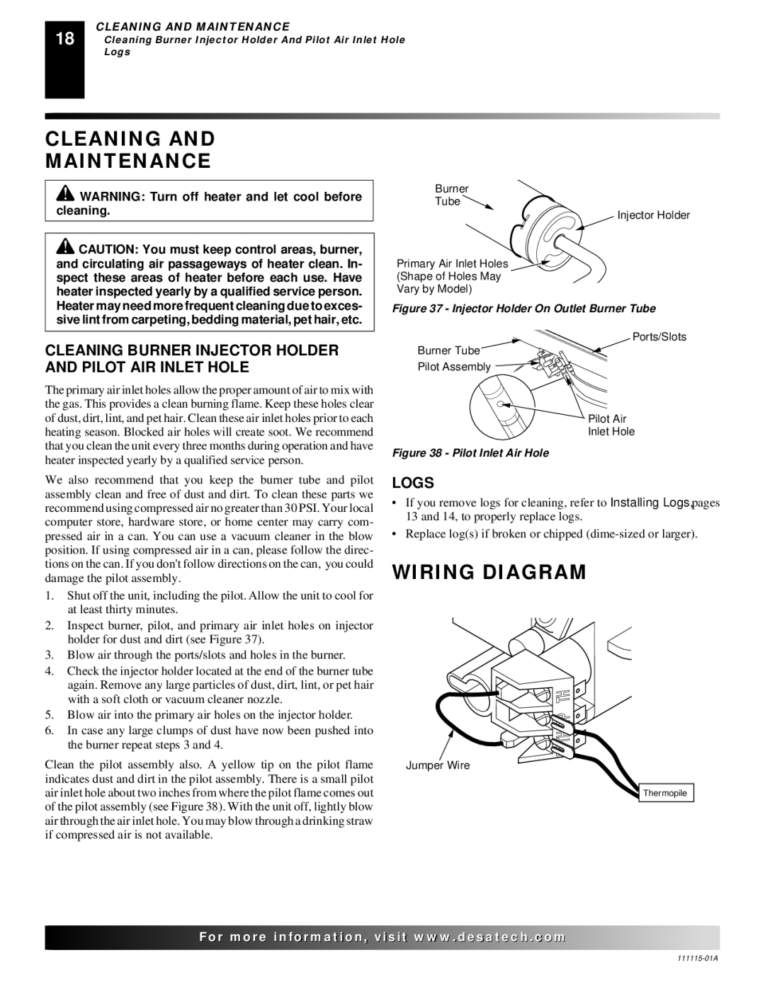 Desa VML27NR Cleaning Maintenance, Wiring Diagram, Cleaning Burner Injector Holder and Pilot AIR Inlet Hole, Logs 