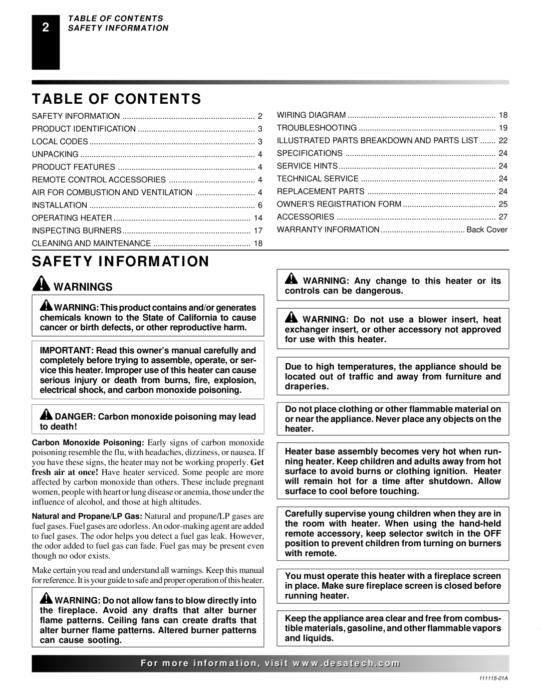 Desa VML27NR installation manual Table of Contents, Safety Information 