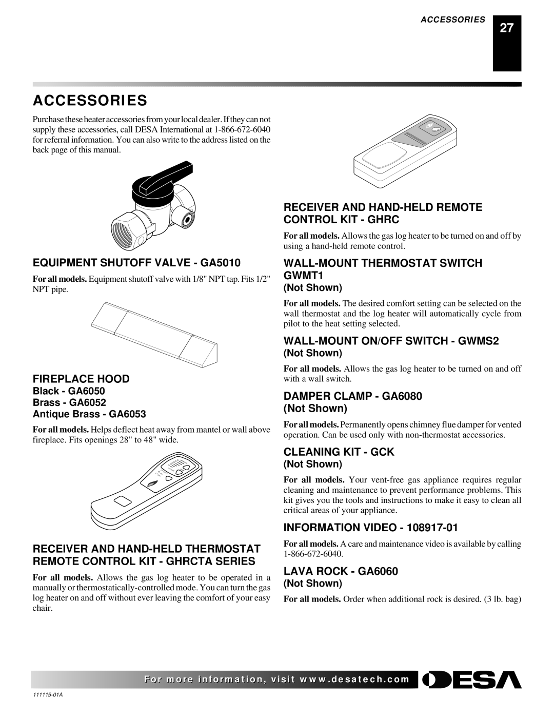 Desa VML27NR Receiver and HAND-HELD Remote Control KIT Ghrc, Equipment Shutoff Valve GA5010, Fireplace Hood 