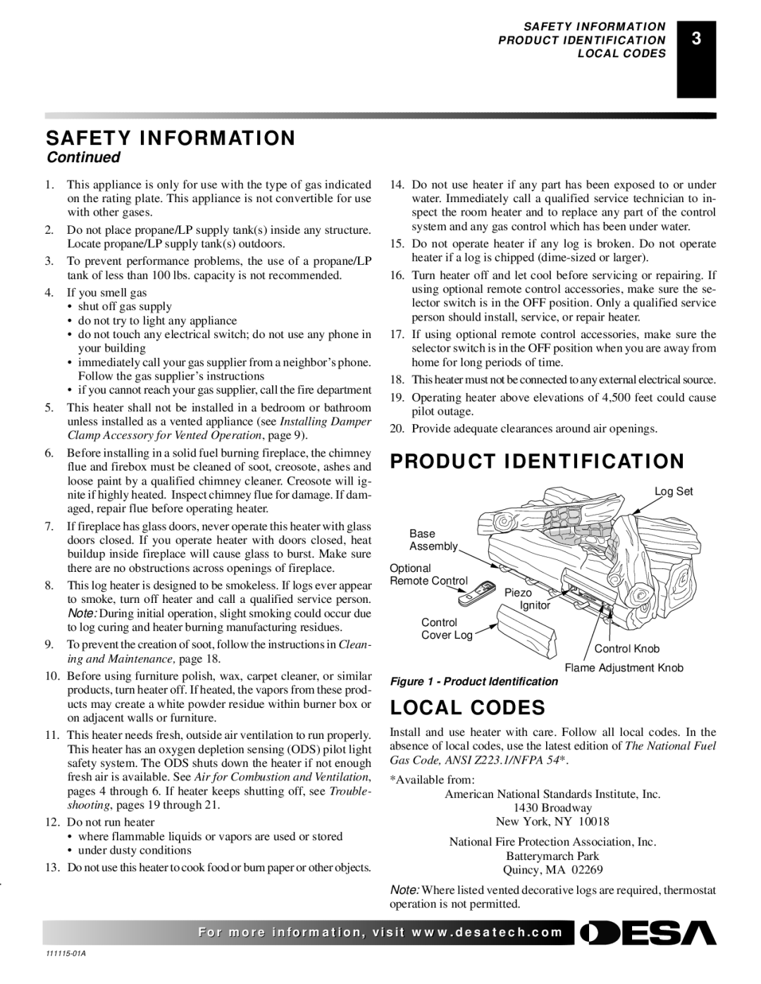 Desa VML27NR installation manual Product Identification, Local Codes 