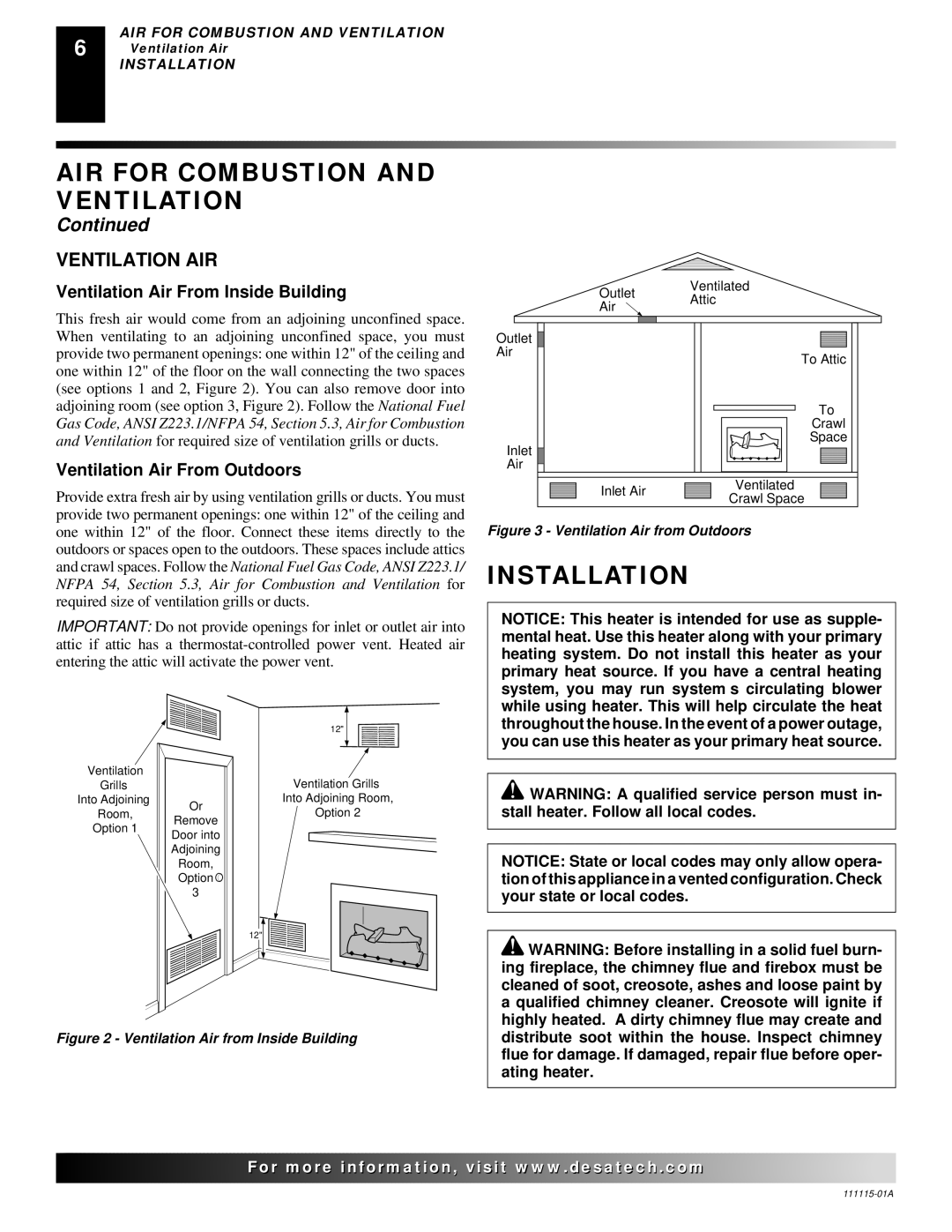 Desa VML27NR Installation, Ventilation AIR, Ventilation Air From Inside Building, Ventilation Air From Outdoors 