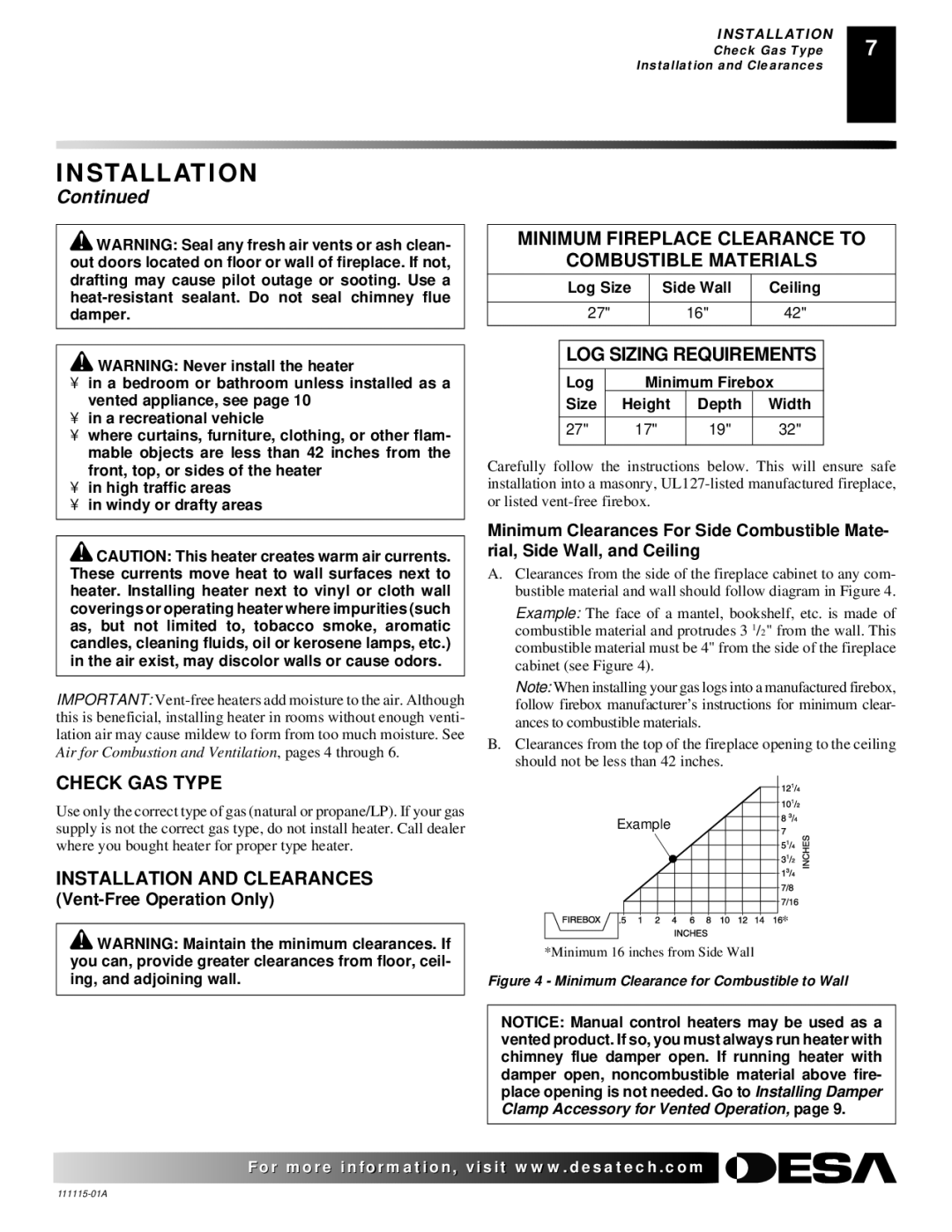 Desa VML27NR Minimum Fireplace Clearance to Combustible Materials, LOG Sizing Requirements, Check GAS Type 