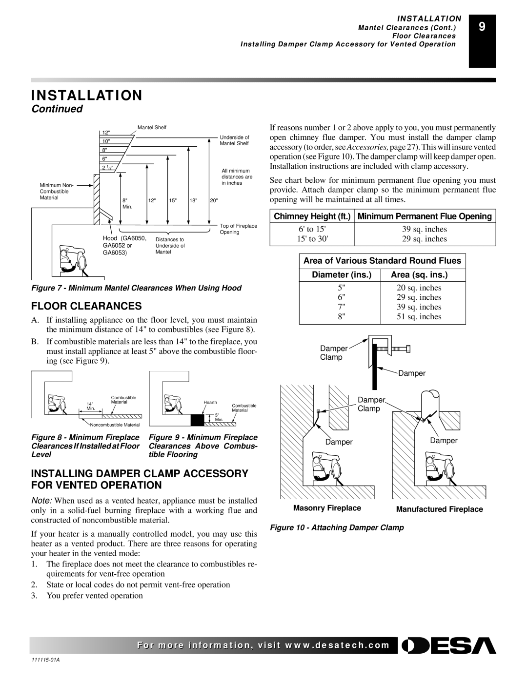 Desa VML27NR installation manual Floor Clearances, Installing Damper Clamp Accessory for Vented Operation 