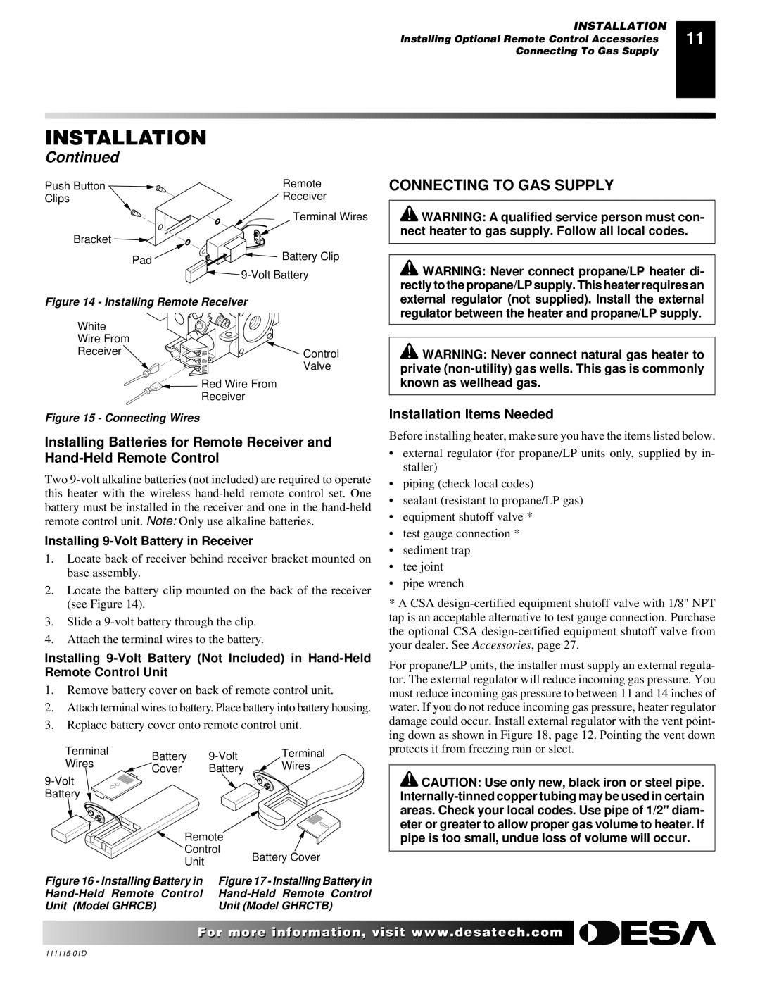 Desa VML27PR installation manual Connecting to GAS Supply, Installing 9-Volt Battery in Receiver 