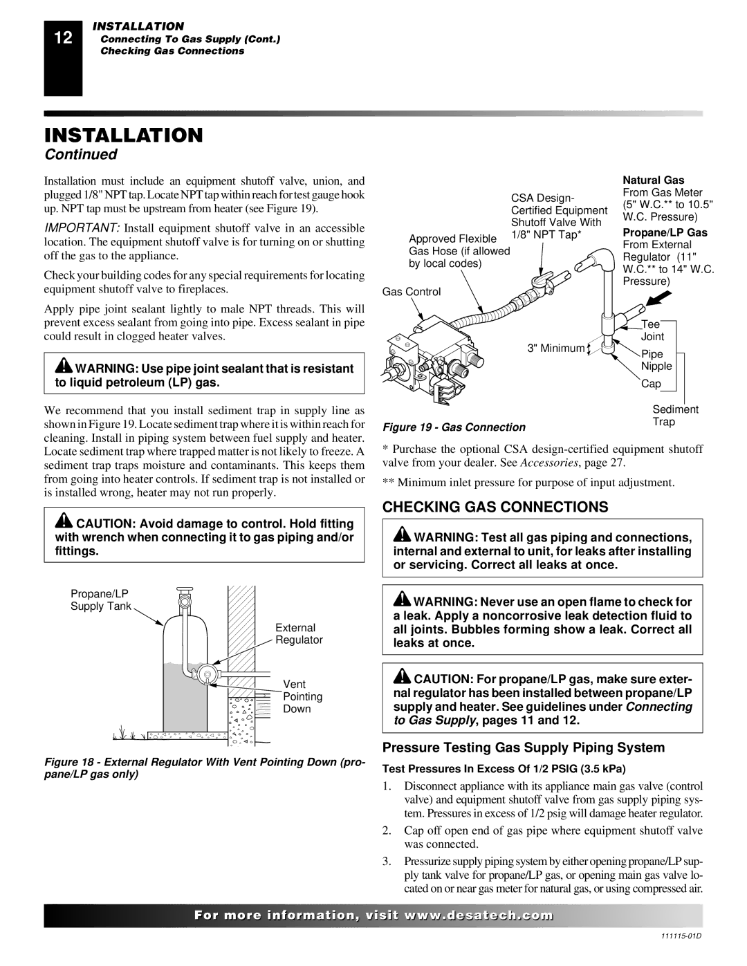 Desa VML27PR installation manual Checking GAS Connections, Pressure Testing Gas Supply Piping System 