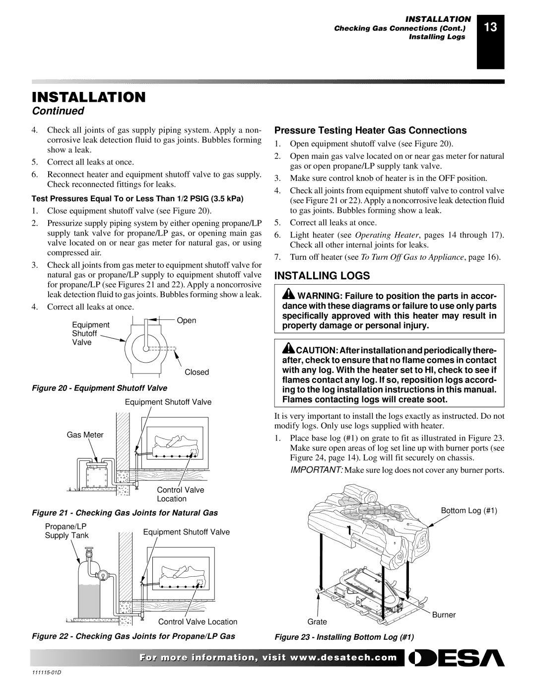 Desa VML27PR Installing Logs, Pressure Testing Heater Gas Connections, Property damage or personal injury 