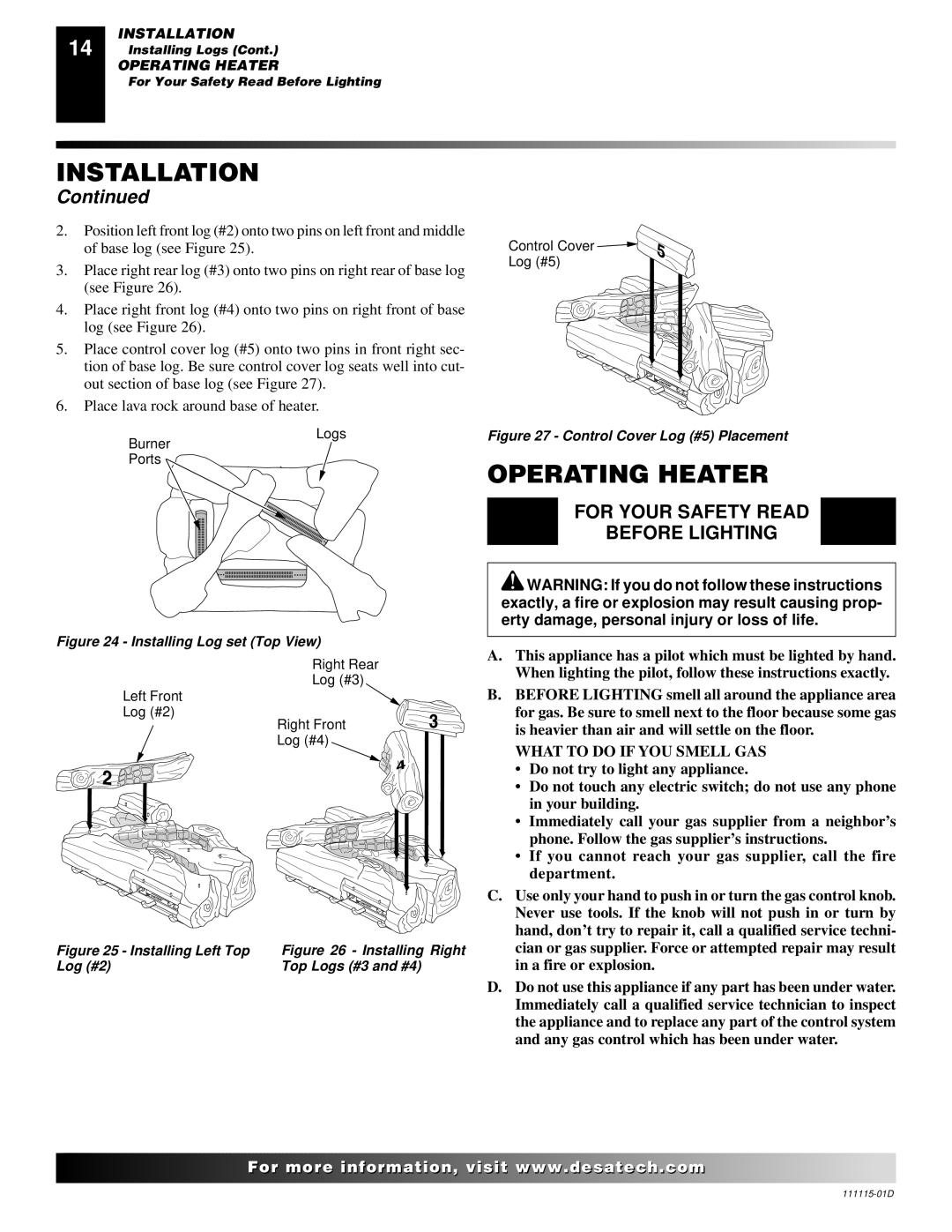 Desa VML27PR installation manual Operating Heater, For Your Safety Read Before Lighting 
