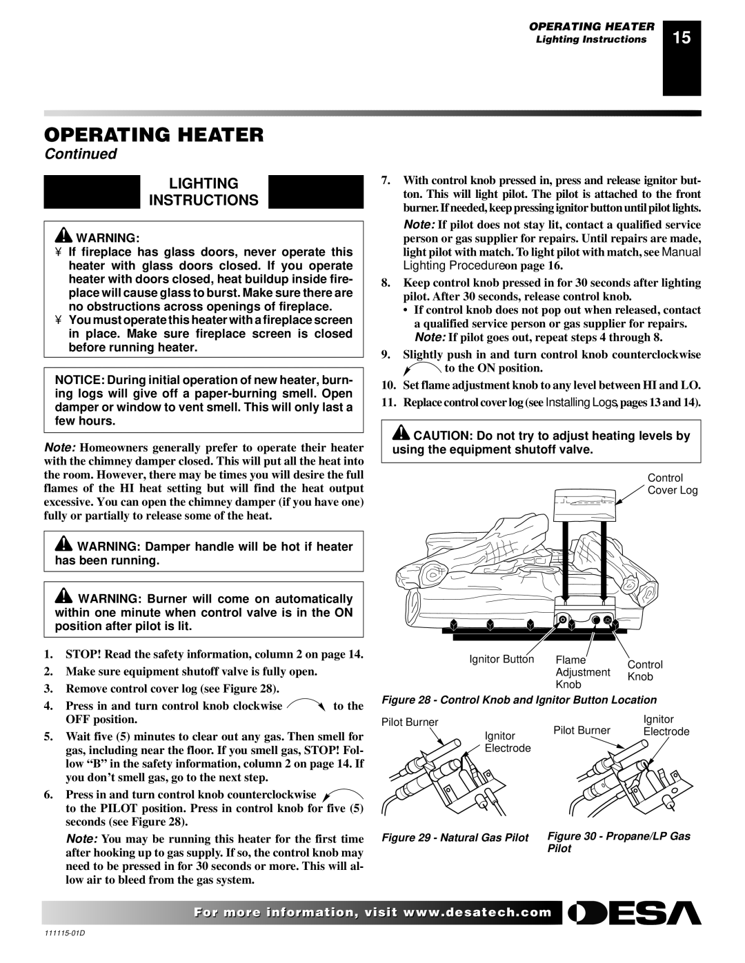 Desa VML27PR installation manual Lighting Instructions, Control Knob and Ignitor Button Location 