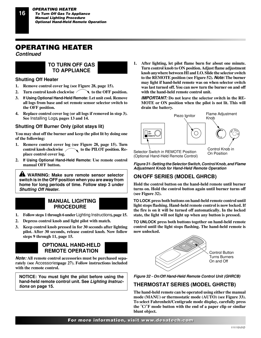 Desa VML27PR To Turn OFF GAS To Appliance, Manual Lighting Procedure, Optional HAND-HELD Remote Operation 