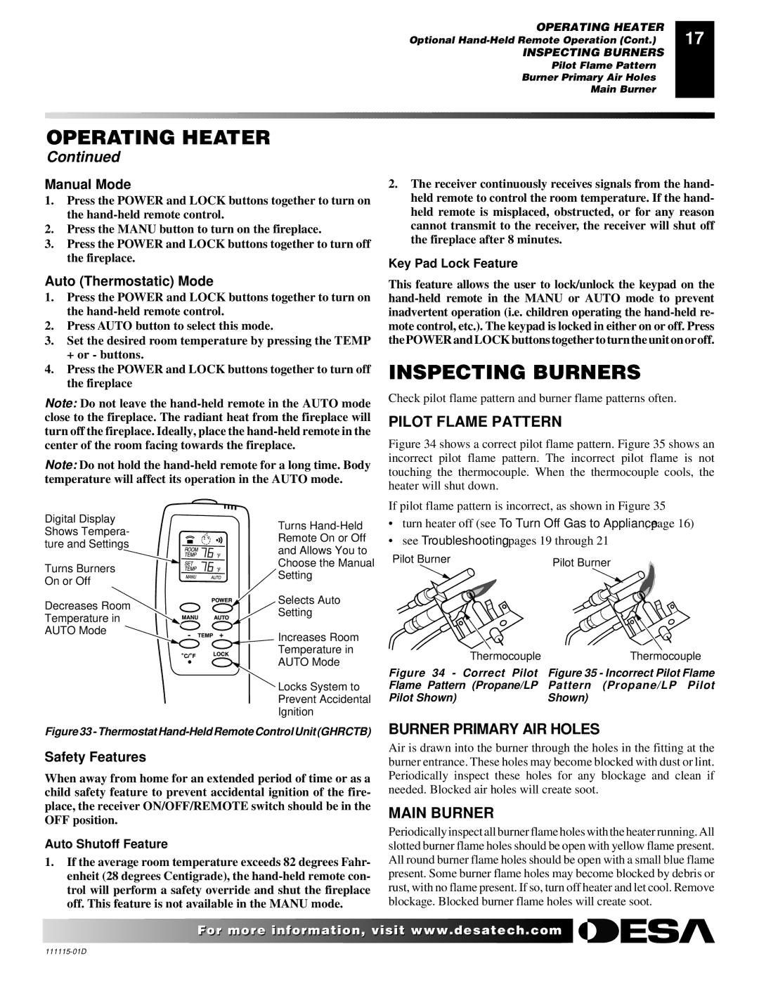 Desa VML27PR installation manual Inspecting Burners, Pilot Flame Pattern, Burner Primary AIR Holes, Main Burner 