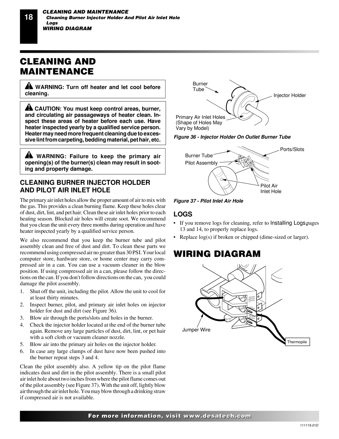 Desa VML27PR Cleaning Maintenance, Wiring Diagram, Cleaning Burner Injector Holder and Pilot AIR Inlet Hole, Logs 