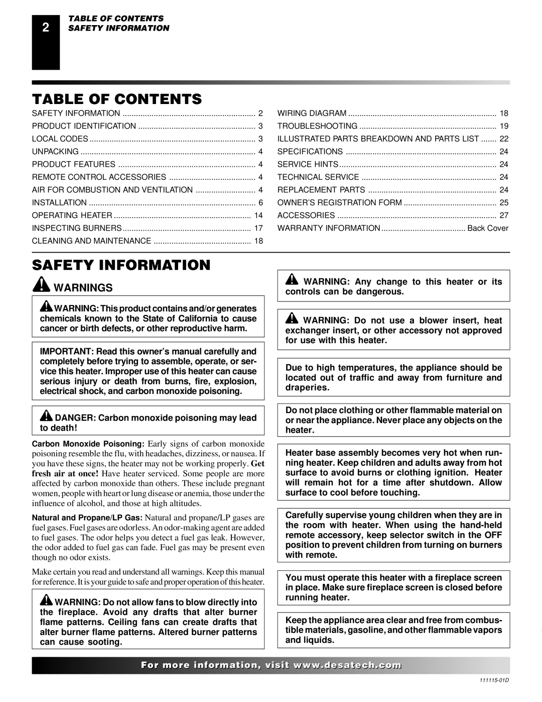 Desa VML27PR installation manual Table of Contents, Safety Information 