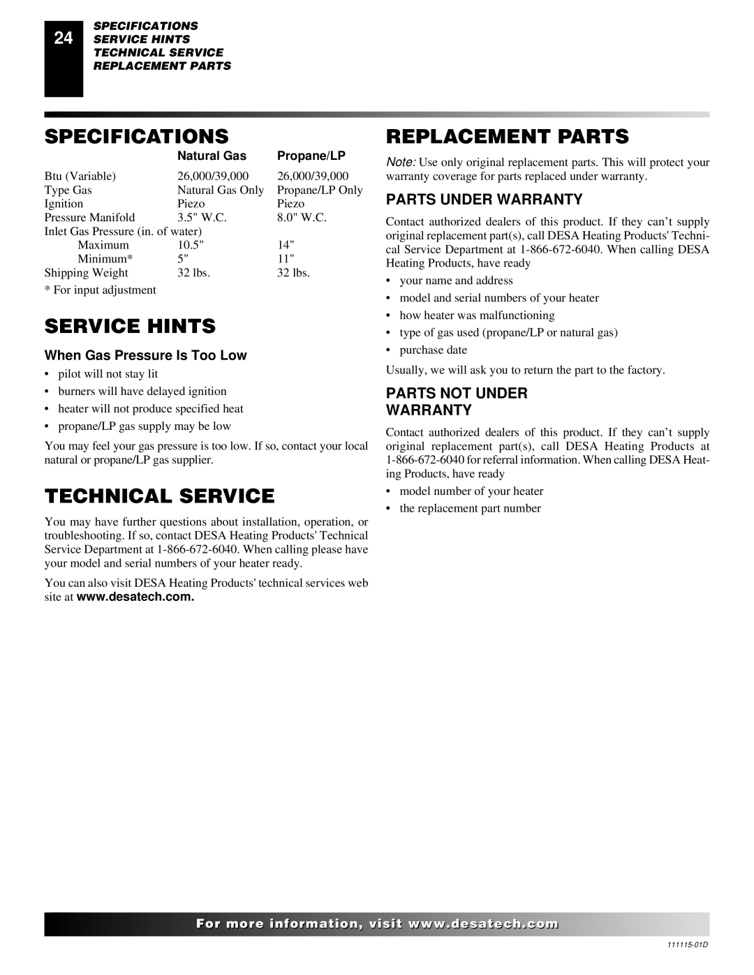 Desa VML27PR installation manual Specifications, Service Hints, Technical Service Replacement Parts, Parts Under Warranty 