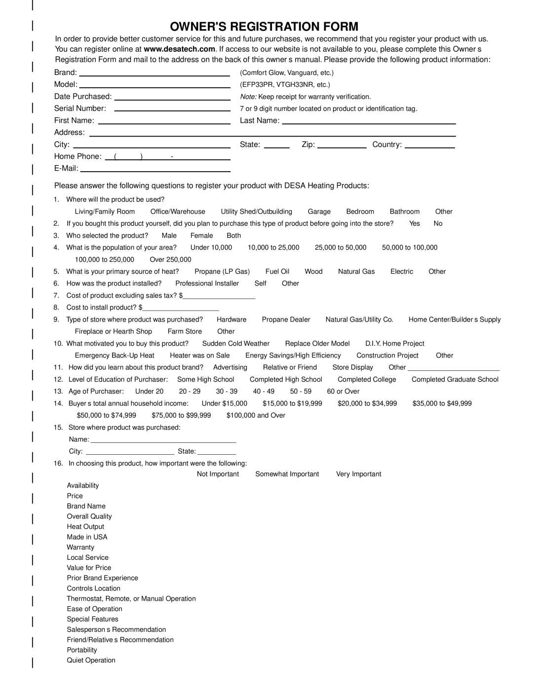 Desa VML27PR installation manual Owners Registration Form 