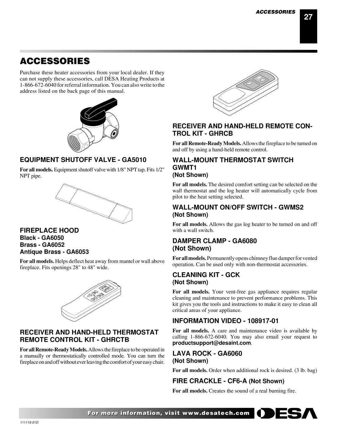 Desa VML27PR Receiver and HAND-HELD Remote CON Trol KIT Ghrcb, Equipment Shutoff Valve GA5010, Fireplace Hood 