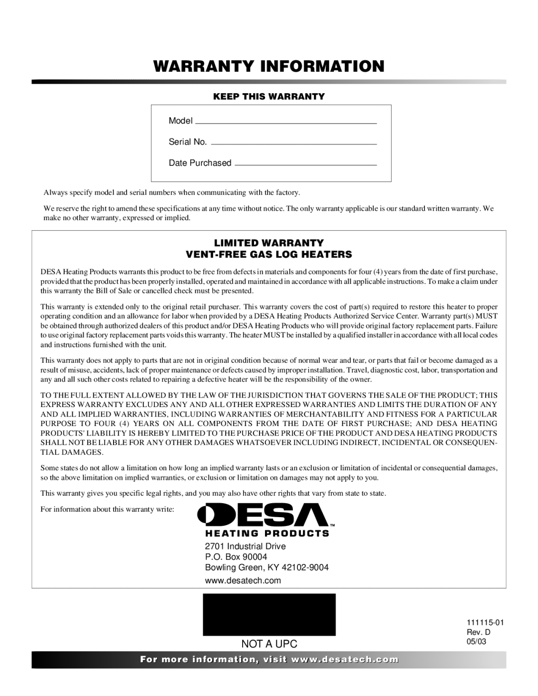 Desa VML27PR installation manual Warranty Information 