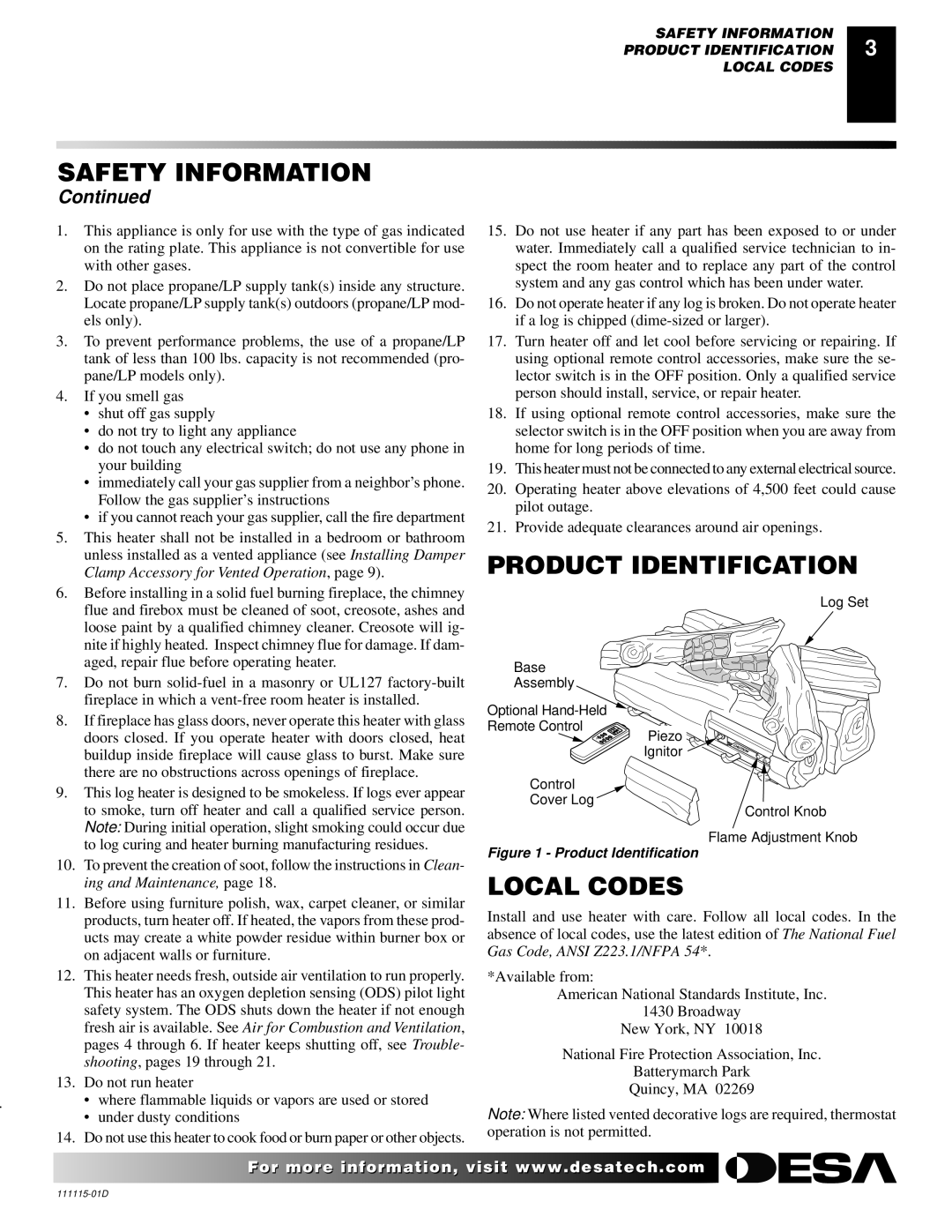 Desa VML27PR installation manual Product Identification, Local Codes 