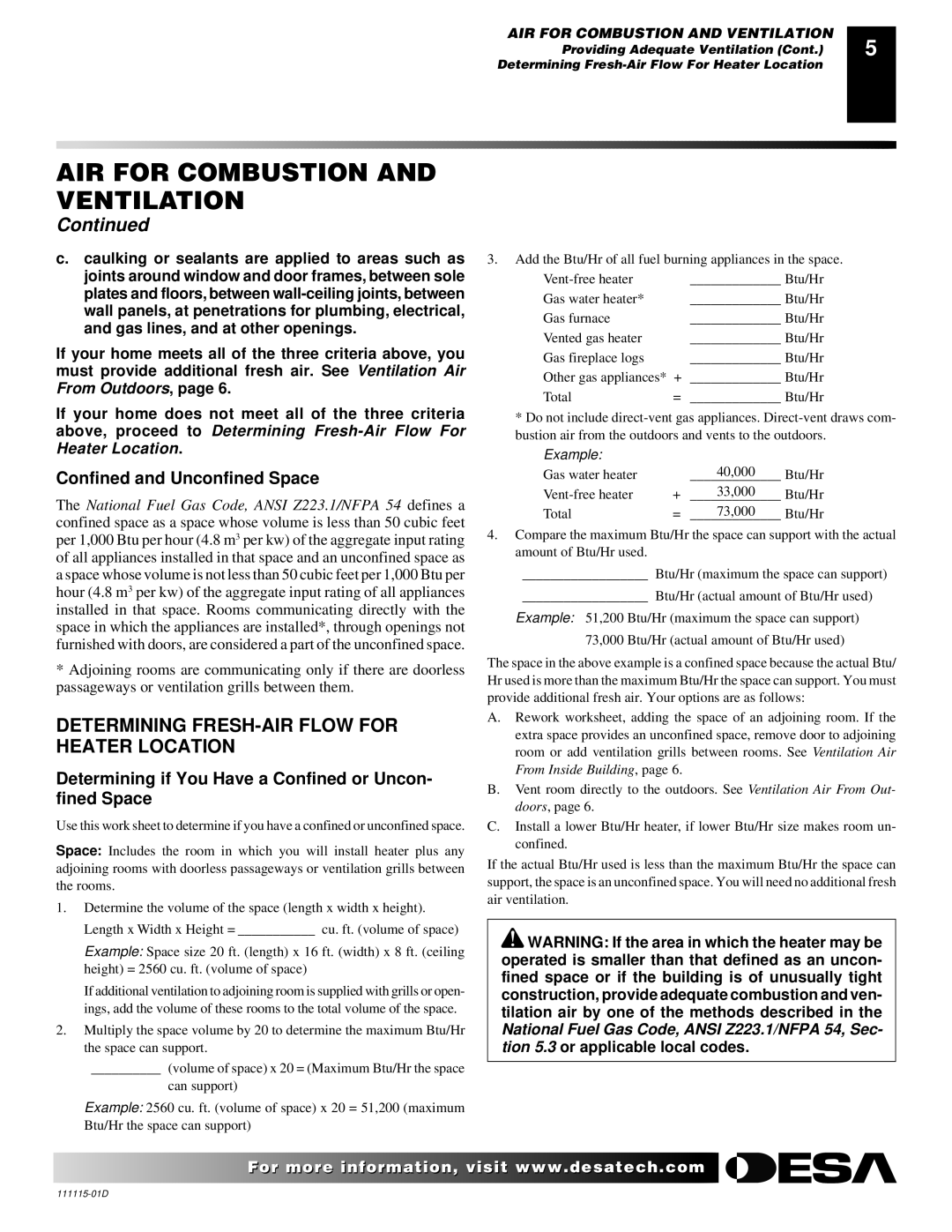Desa VML27PR installation manual Determining FRESH-AIR Flow for Heater Location, Confined and Unconfined Space 