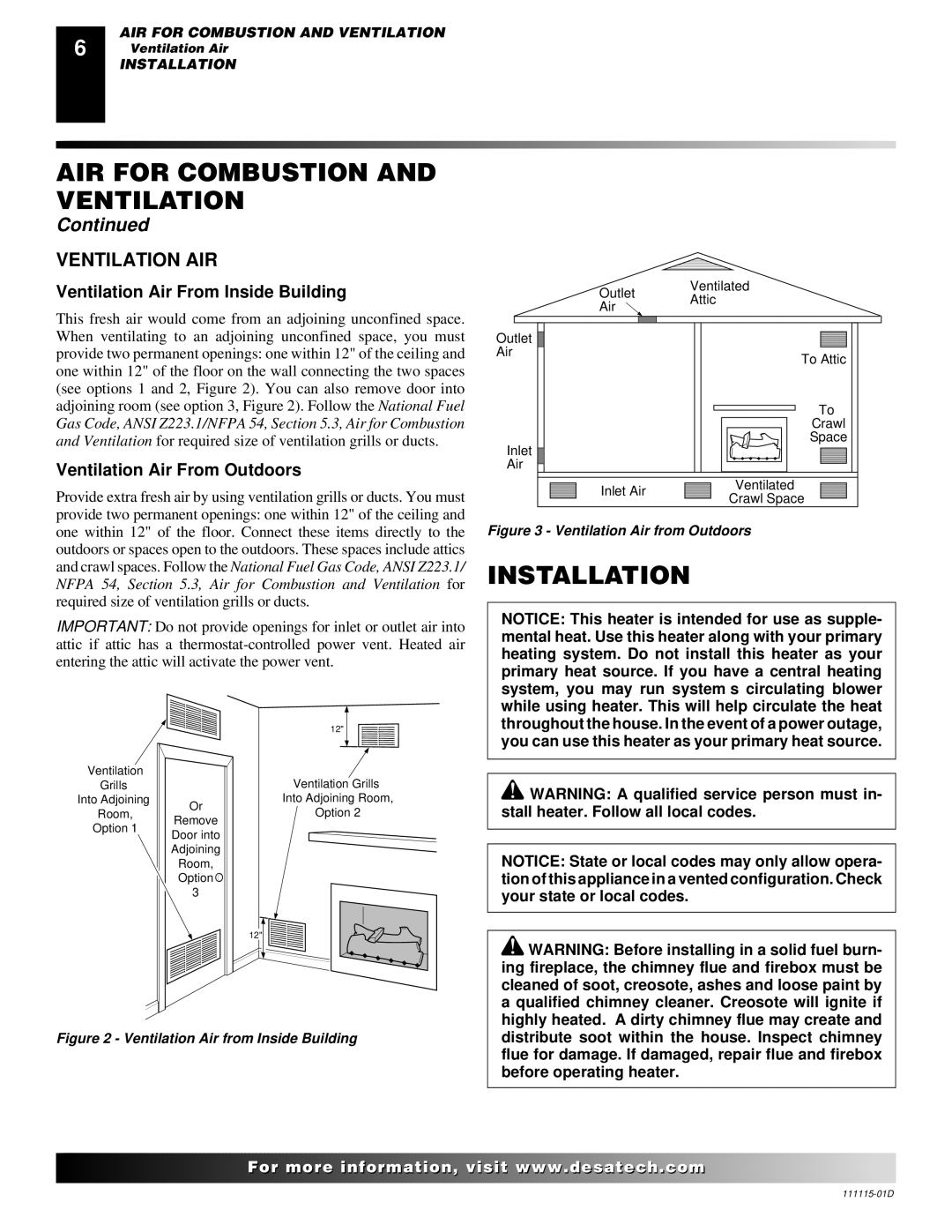 Desa VML27PR Installation, Ventilation AIR, Ventilation Air From Inside Building, Ventilation Air From Outdoors 