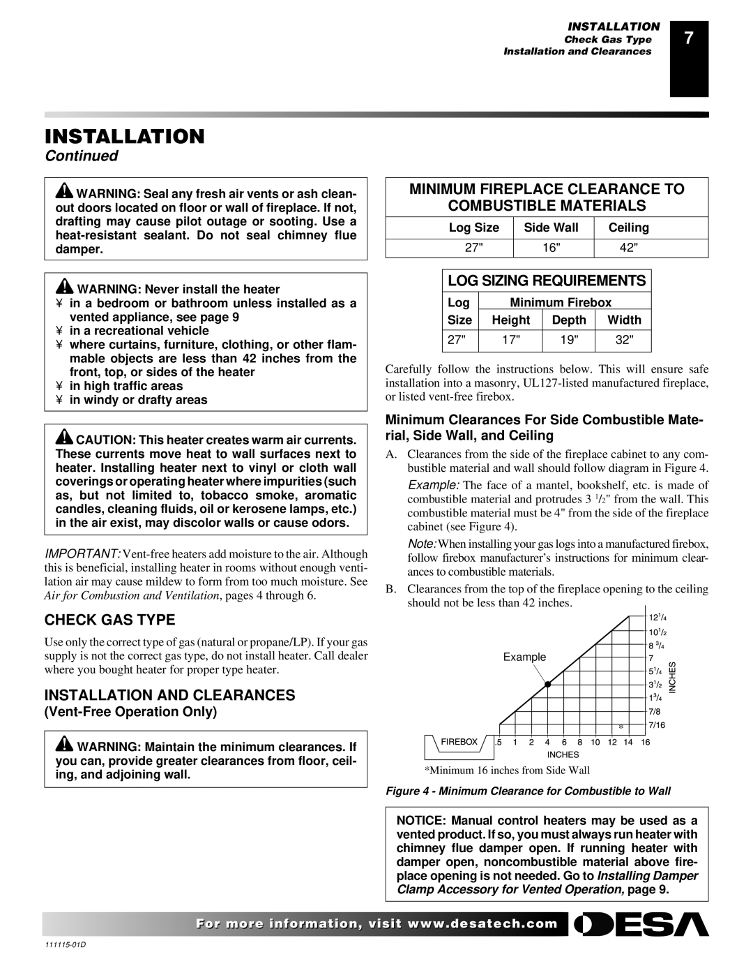 Desa VML27PR Minimum Fireplace Clearance to Combustible Materials, LOG Sizing Requirements, Check GAS Type 