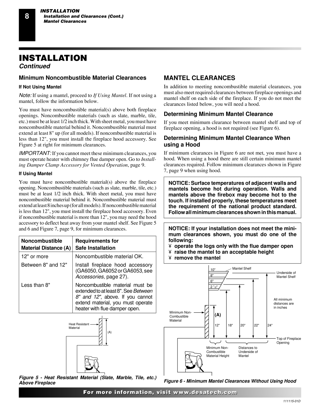 Desa VML27PR Mantel Clearances, Minimum Noncombustible Material Clearances, Determining Minimum Mantel Clearance 