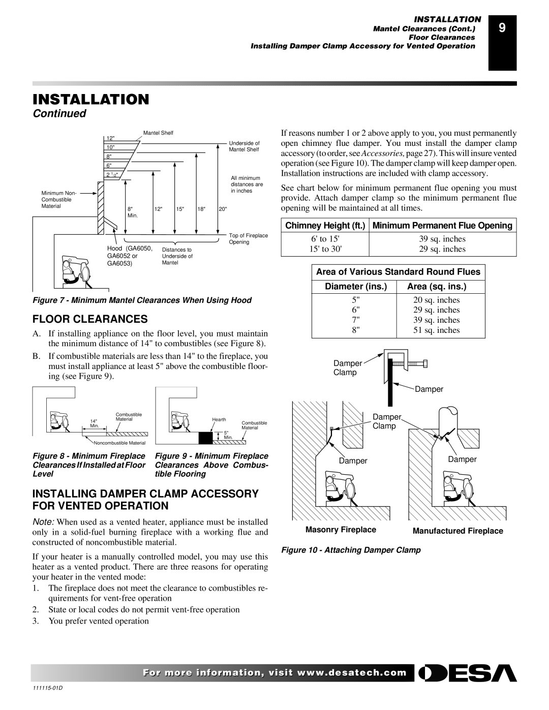 Desa VML27PR installation manual Floor Clearances, Installing Damper Clamp Accessory for Vented Operation 