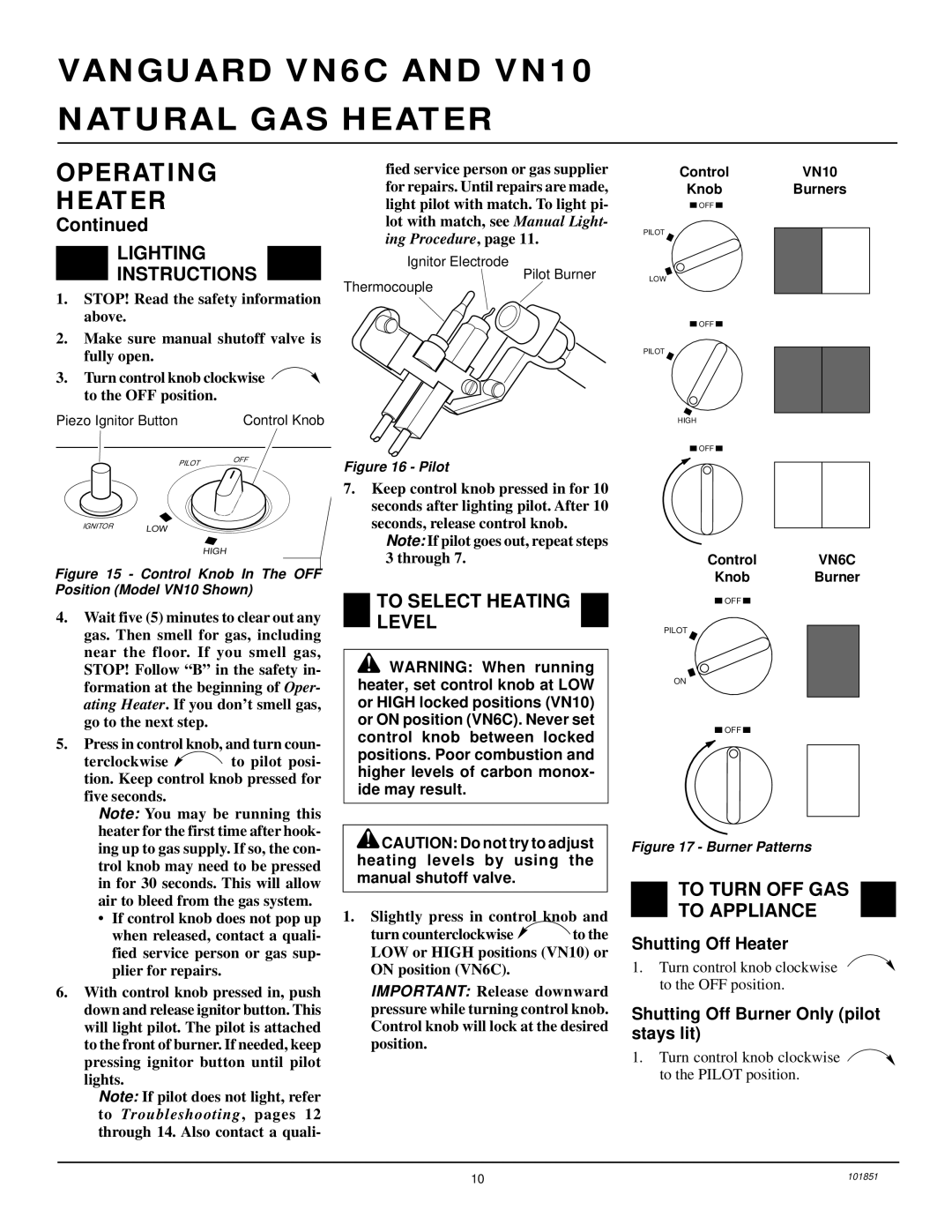 Desa VN10, VN6C Operating Heater, Lighting Instructions, To Select Heating Level, To Turn OFF GAS To Appliance 