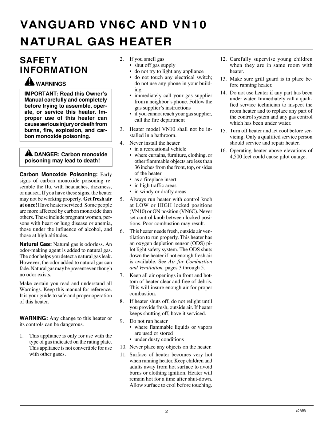 Desa installation manual Vanguard VN6C and VN10 Natural GAS Heater, Safety Information 