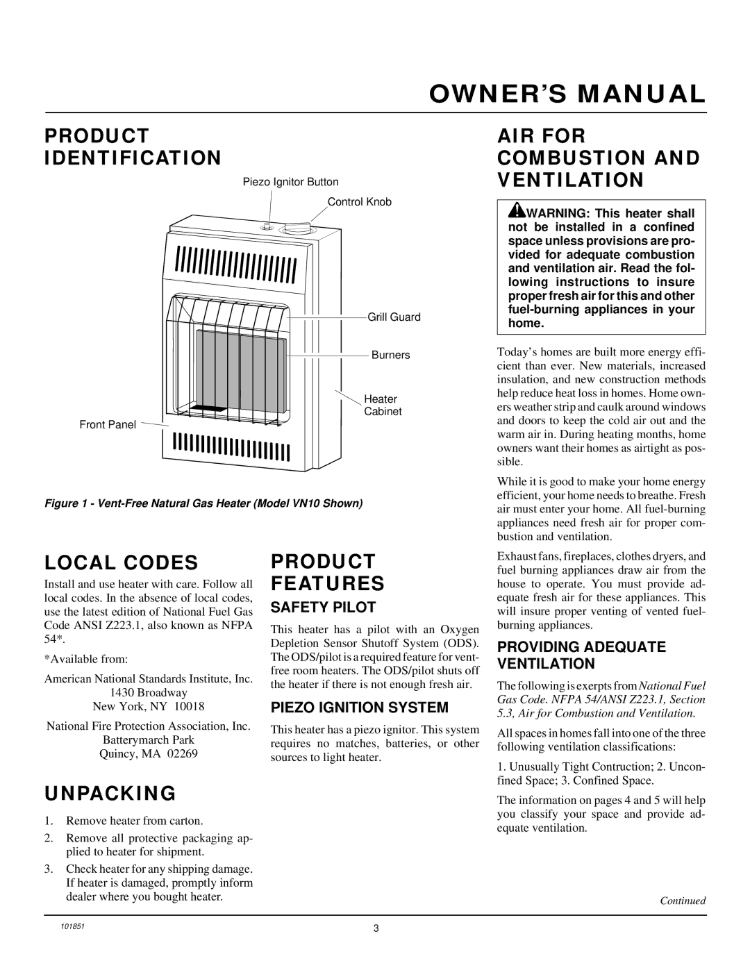 Desa VN6C, VN10 Product Identification, AIR for Combustion and Ventilation, Local Codes, Product Features, Unpacking 