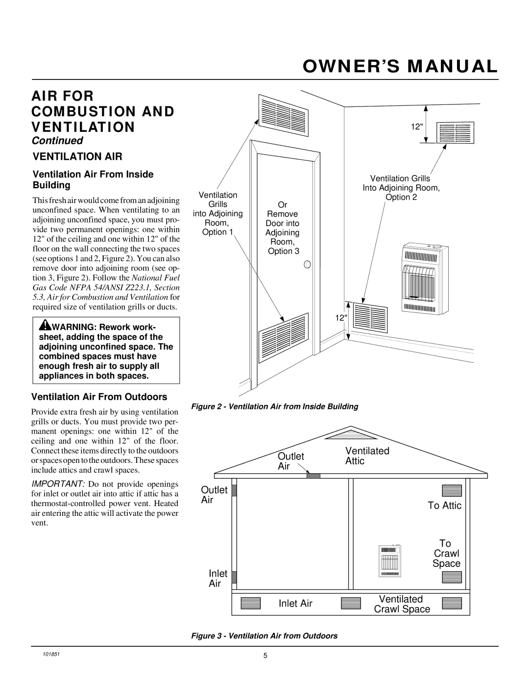 Desa VN6C, VN10 installation manual Ventilation AIR, Ventilation Air From Inside Building, Ventilation Air From Outdoors 