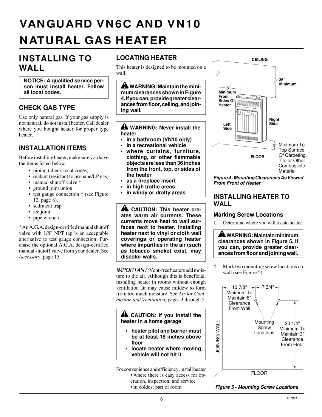 Desa VN10, VN6C Installing to Wall, Check GAS Type, Installation Items, Locating Heater, Installing Heater to Wall 